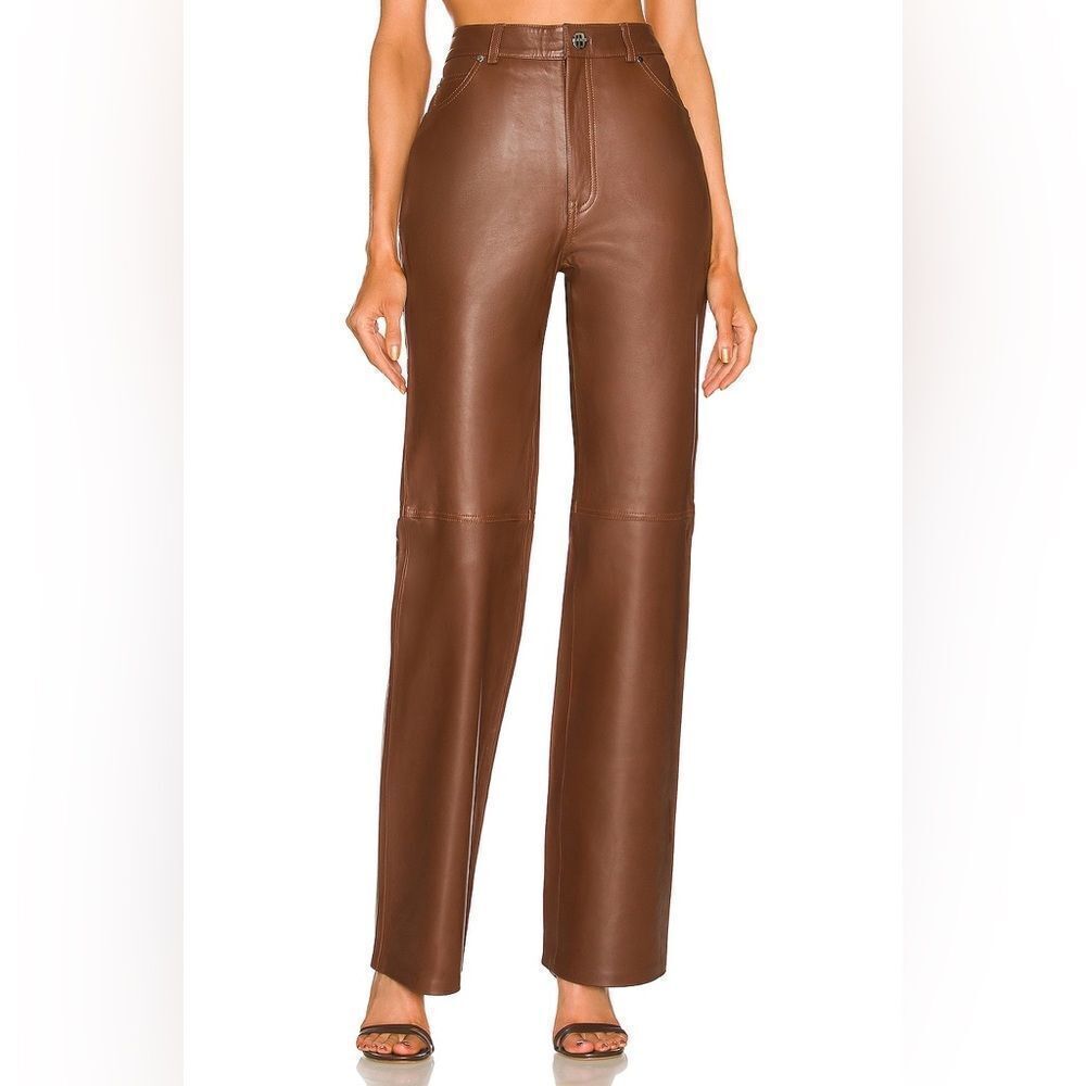 REVOLVE L’Academie Mila Leather Boot Cut Pant in Brown Five Pocket Zip Fly XS